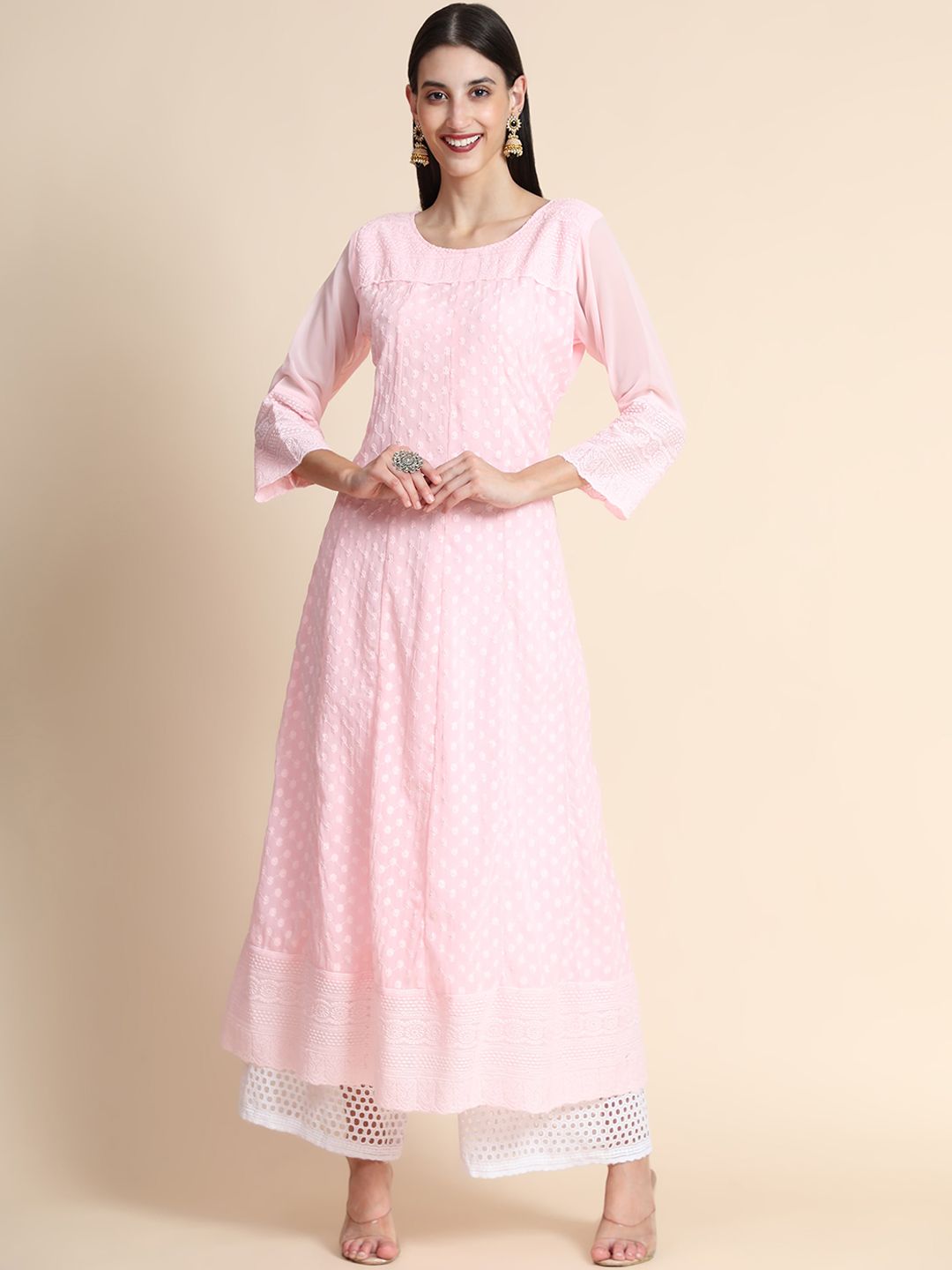 Color Trends Women Pink & White Ethnic Motifs Embroidered Georgette Anarkali Kurta