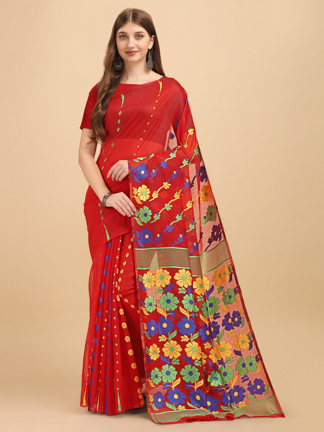 BESUCHER Red & Navy Blue Woven Design Zari Jamdani Saree Price in India