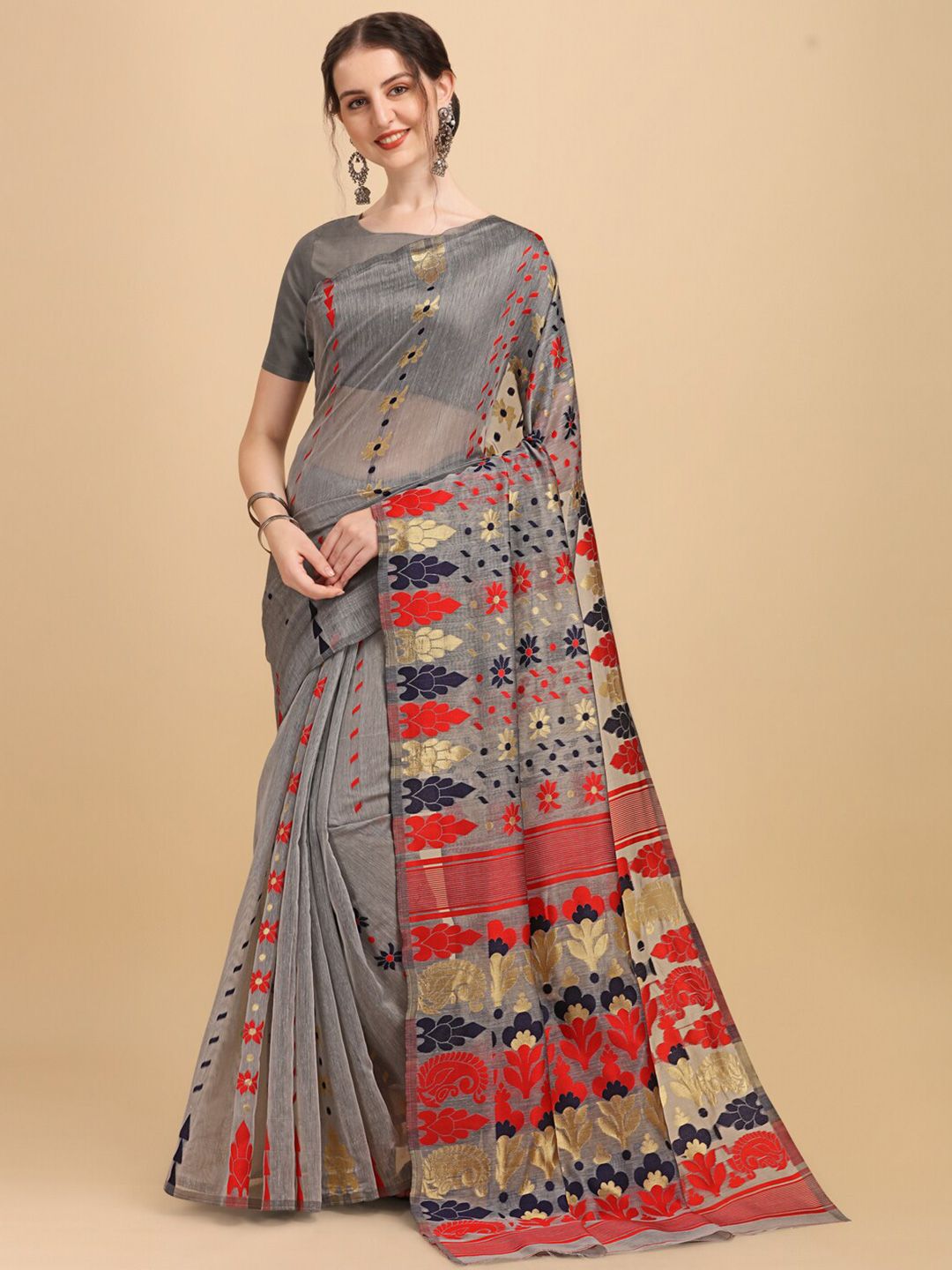 BESUCHER Grey & Red Woven Design Zari Jamdani Saree Price in India
