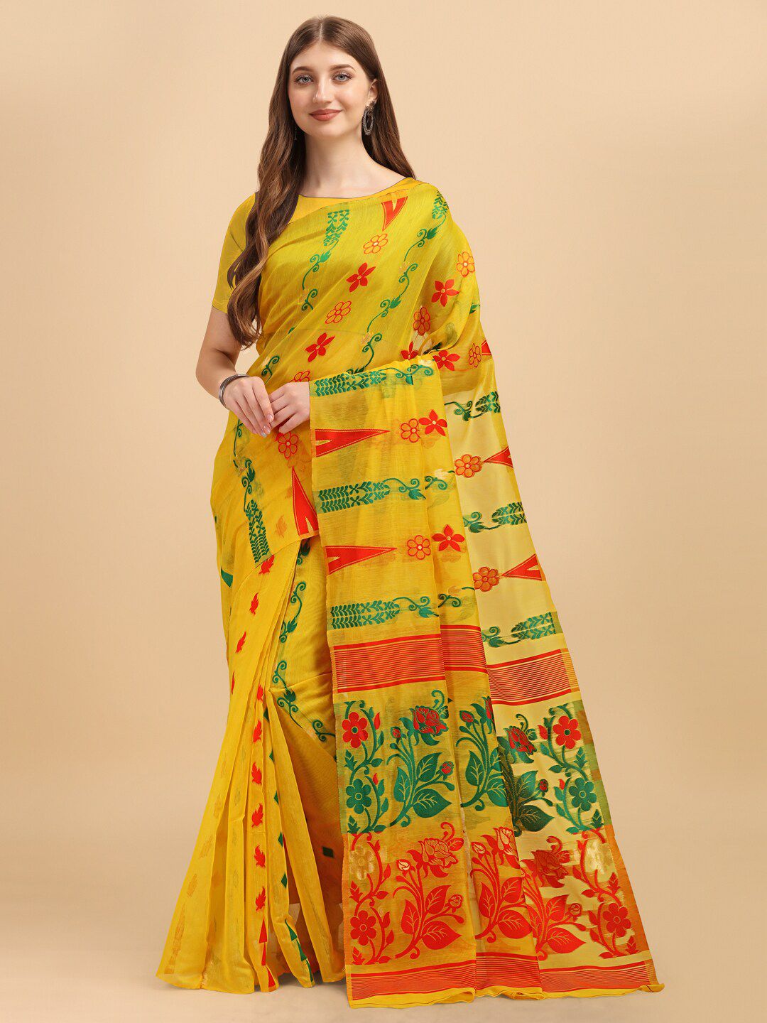 BESUCHER Yellow & Green Woven Design Jamdani Saree Price in India