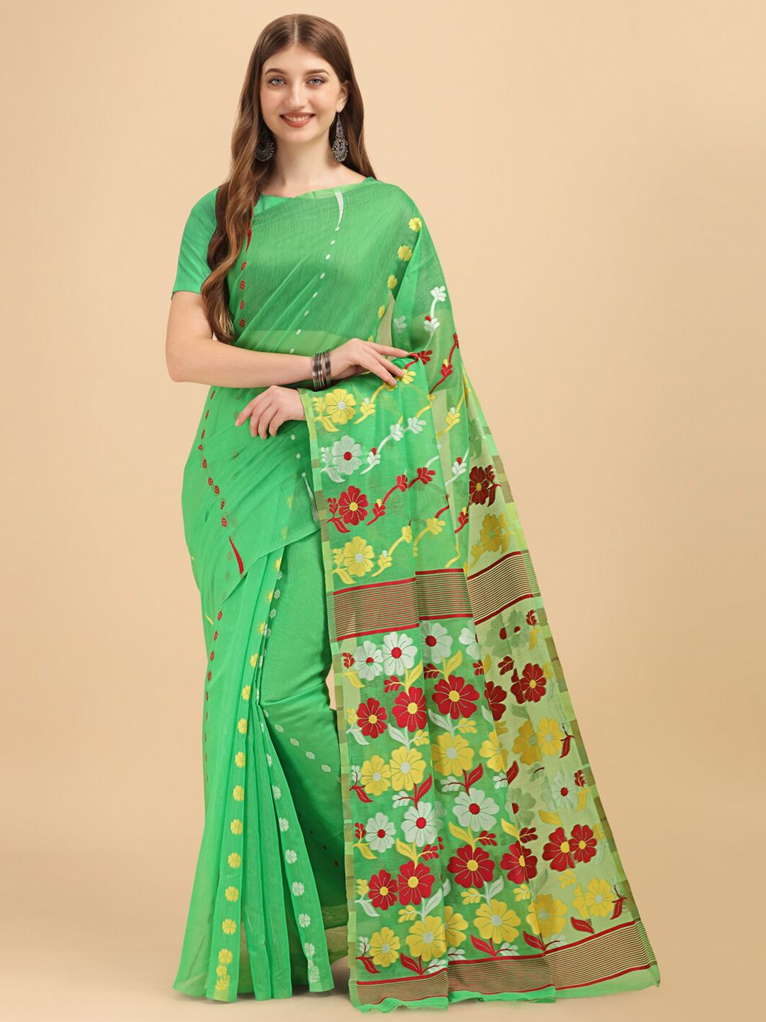 BESUCHER Green & Red Floral Zari Jamdani Saree Price in India
