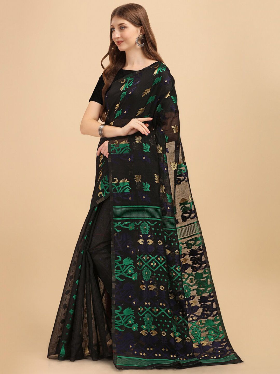 BESUCHER Black & Green Woven Design Zari Jamdani Saree Price in India