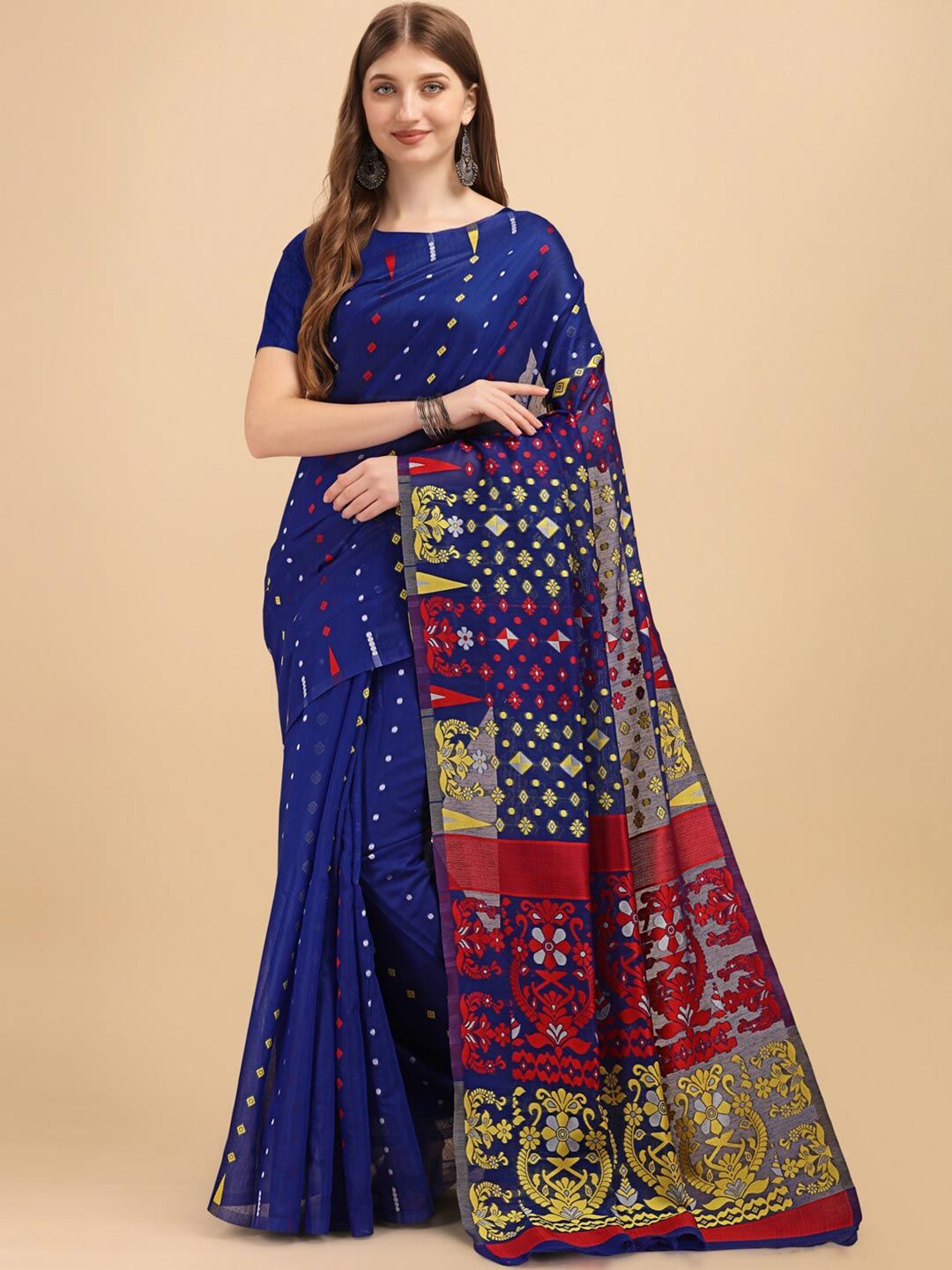BESUCHER Blue & Red Woven Design Zari Jamdani Saree Price in India