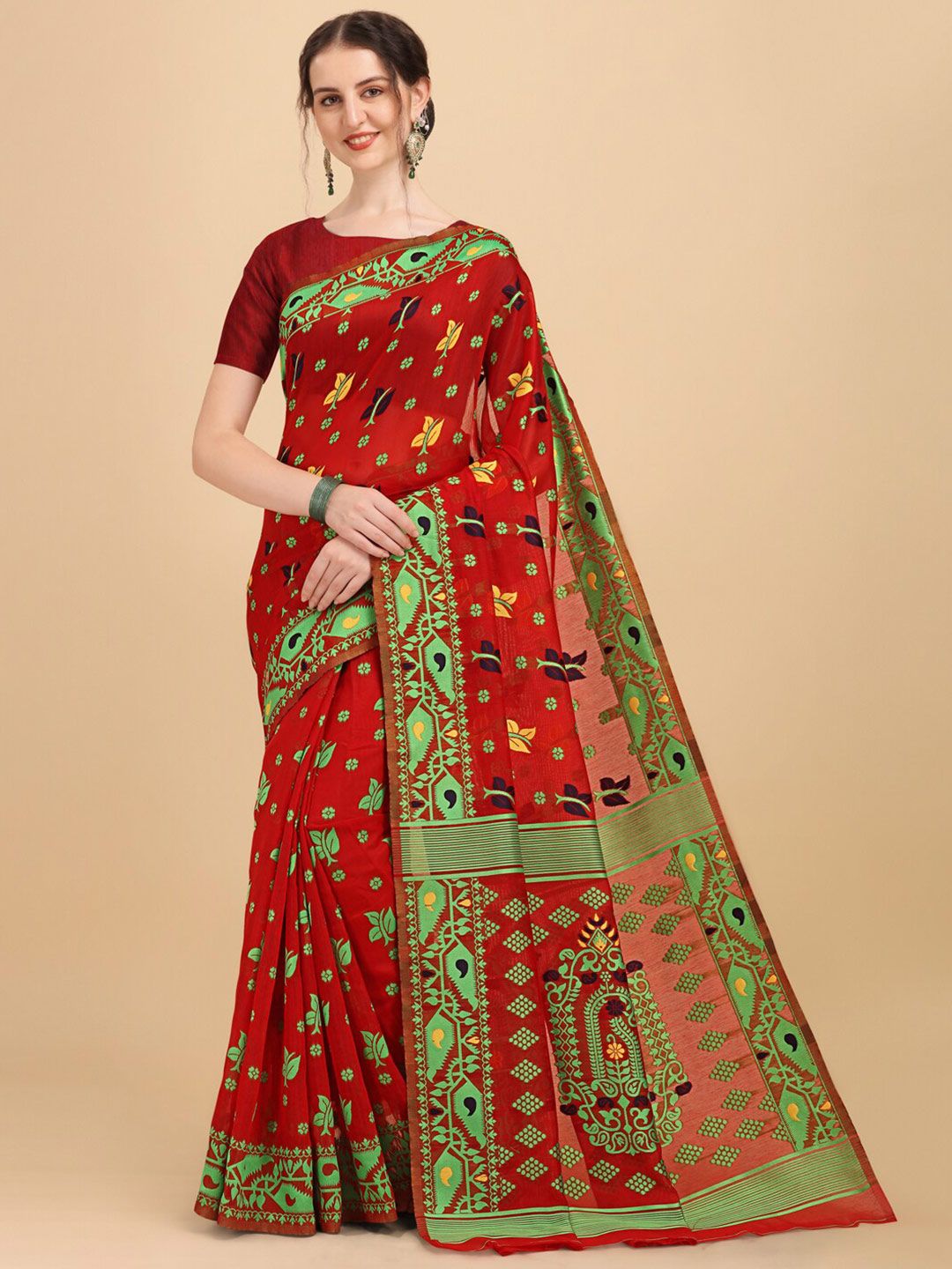 BESUCHER Red & Green Woven Design Jamdani Saree Price in India