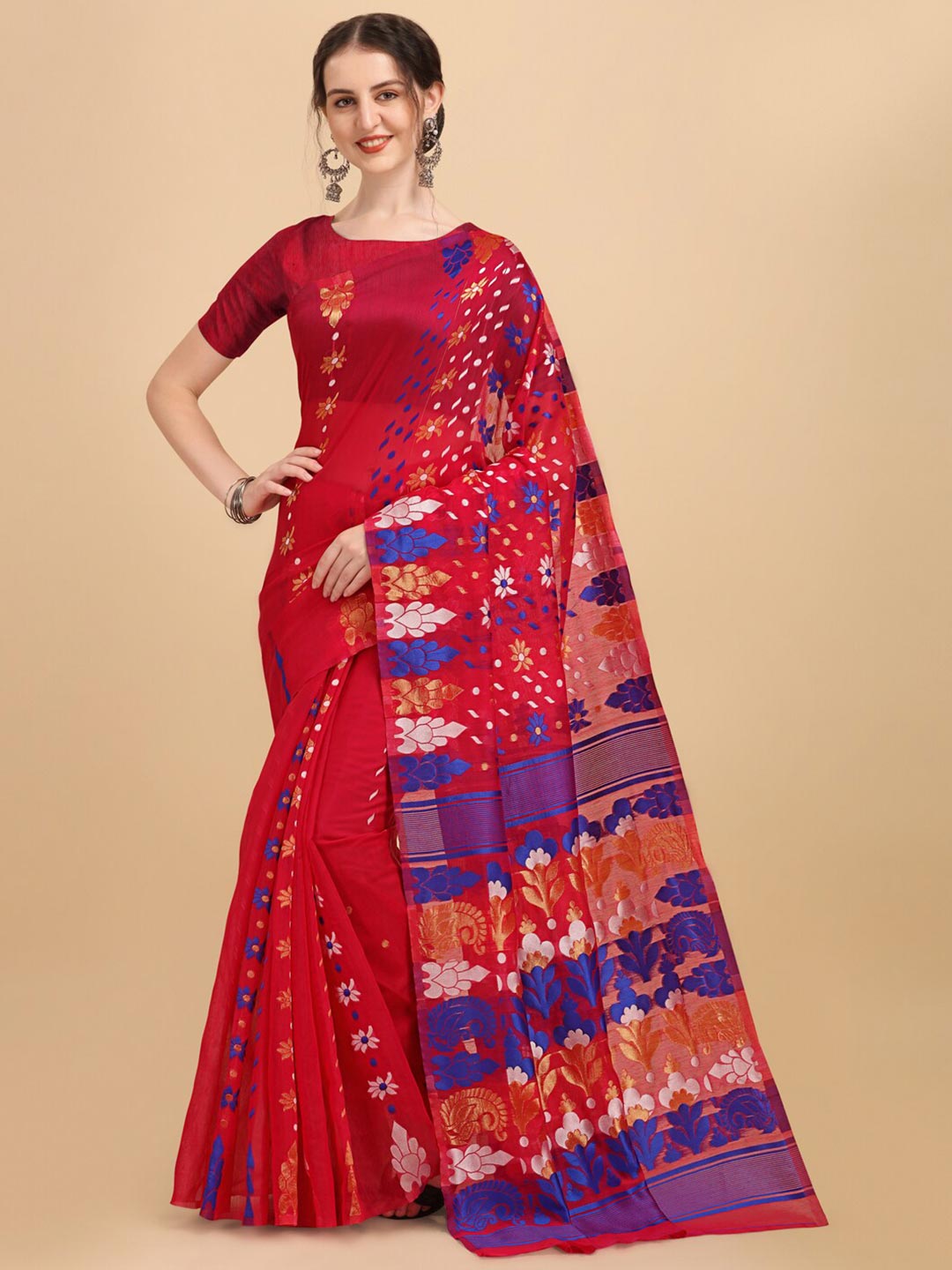 BESUCHER Pink & Violet Woven Design Jamdani Saree Price in India
