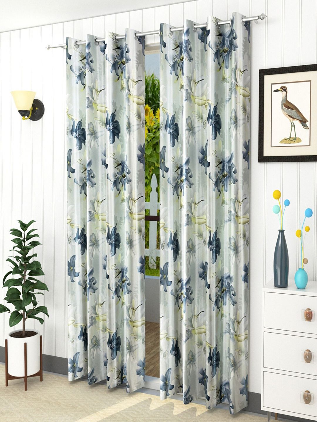 Homefab India Grey & Green Set of 2 Floral Room Darkening Window Curtain Price in India
