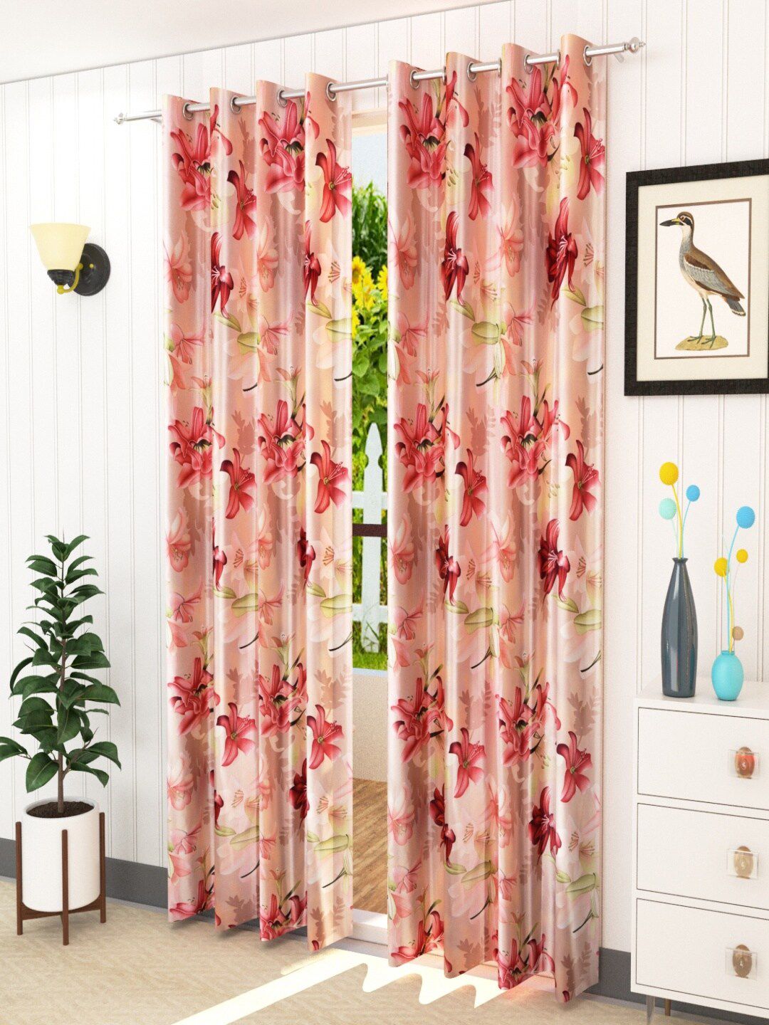 Homefab India Maroon & Green Set of 2 Floral Room Darkening Window Curtain Price in India