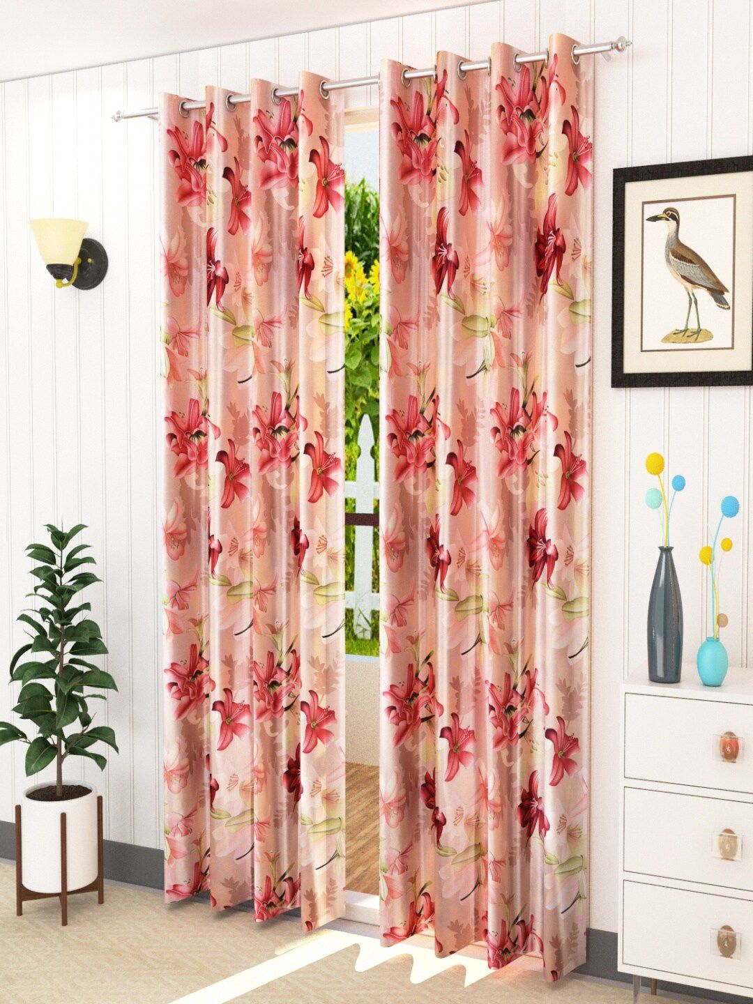 Homefab India Maroon & Peach-Coloured Set of 2 Floral Room Darkening Long Door Curtain Price in India