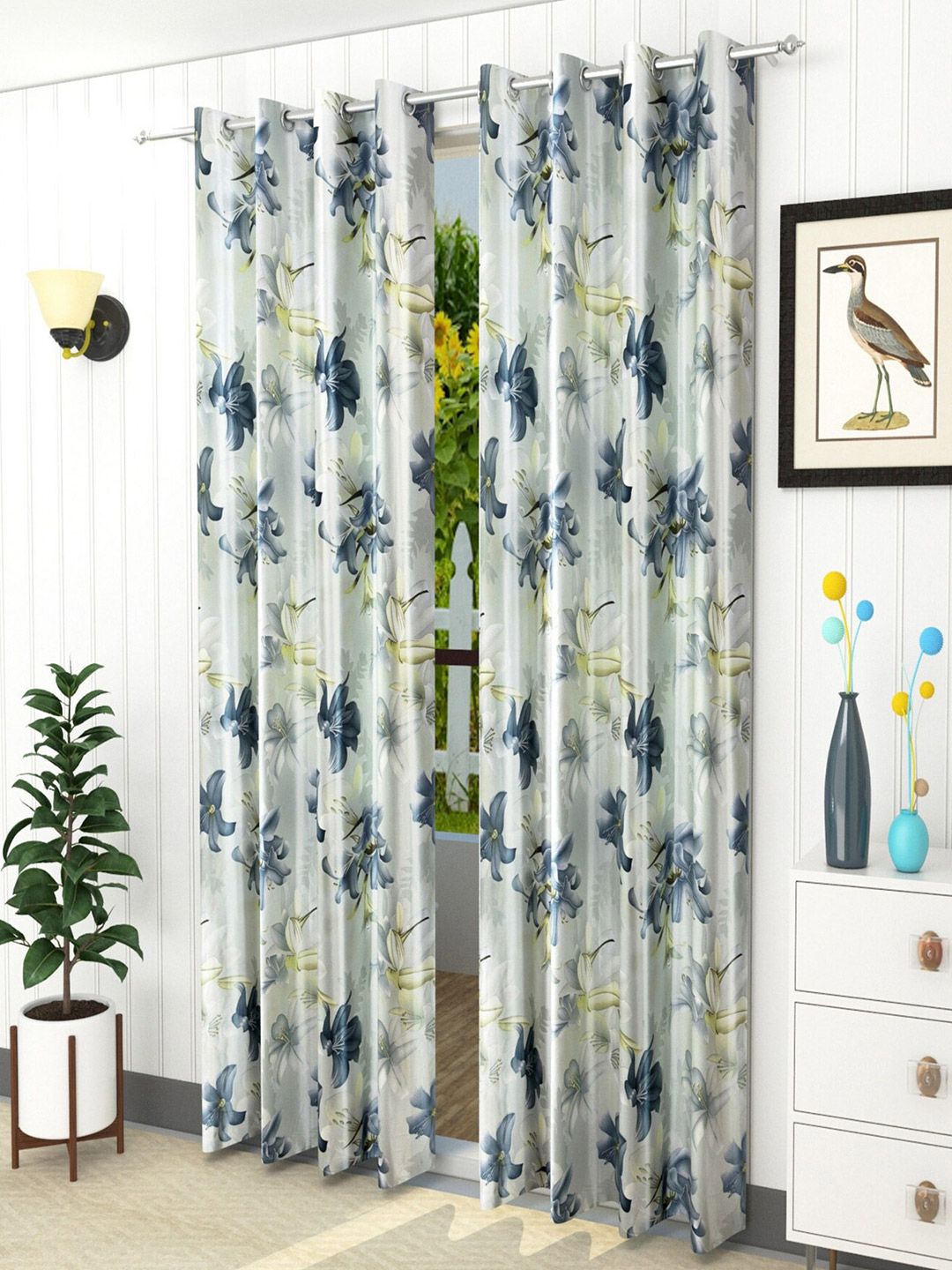 Homefab India Grey & Green Set of 2 Floral Room Darkening Door Curtain Price in India