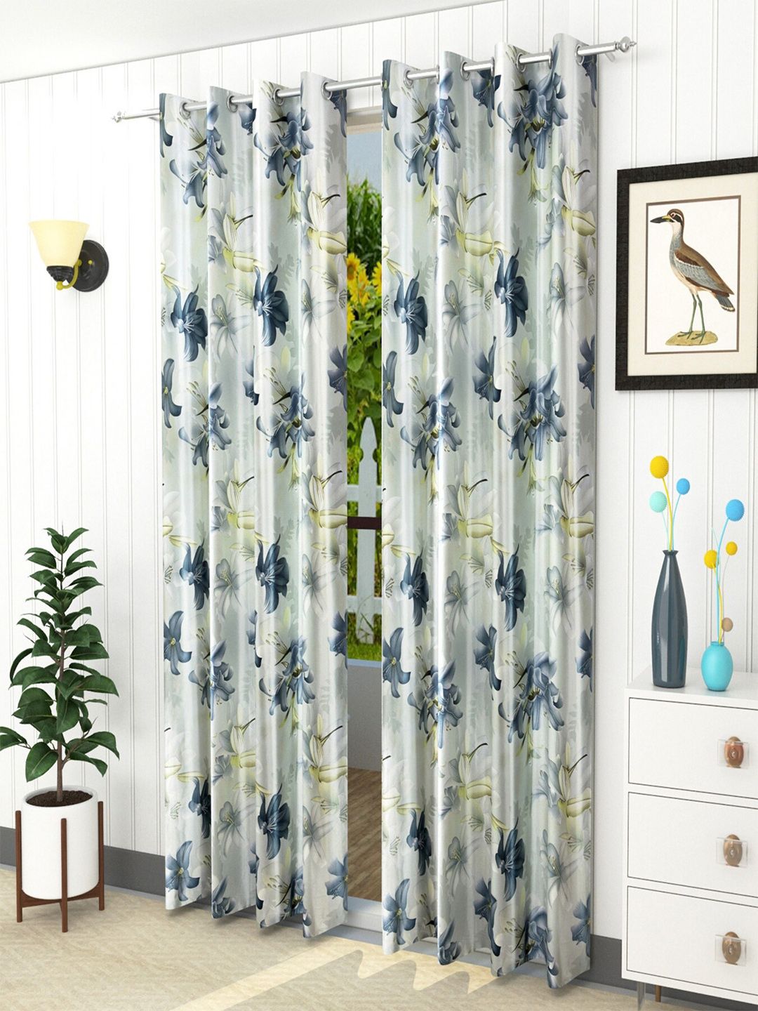 Homefab India Grey & Blue Set of 2 Floral Room Darkening Long Door Curtain Price in India