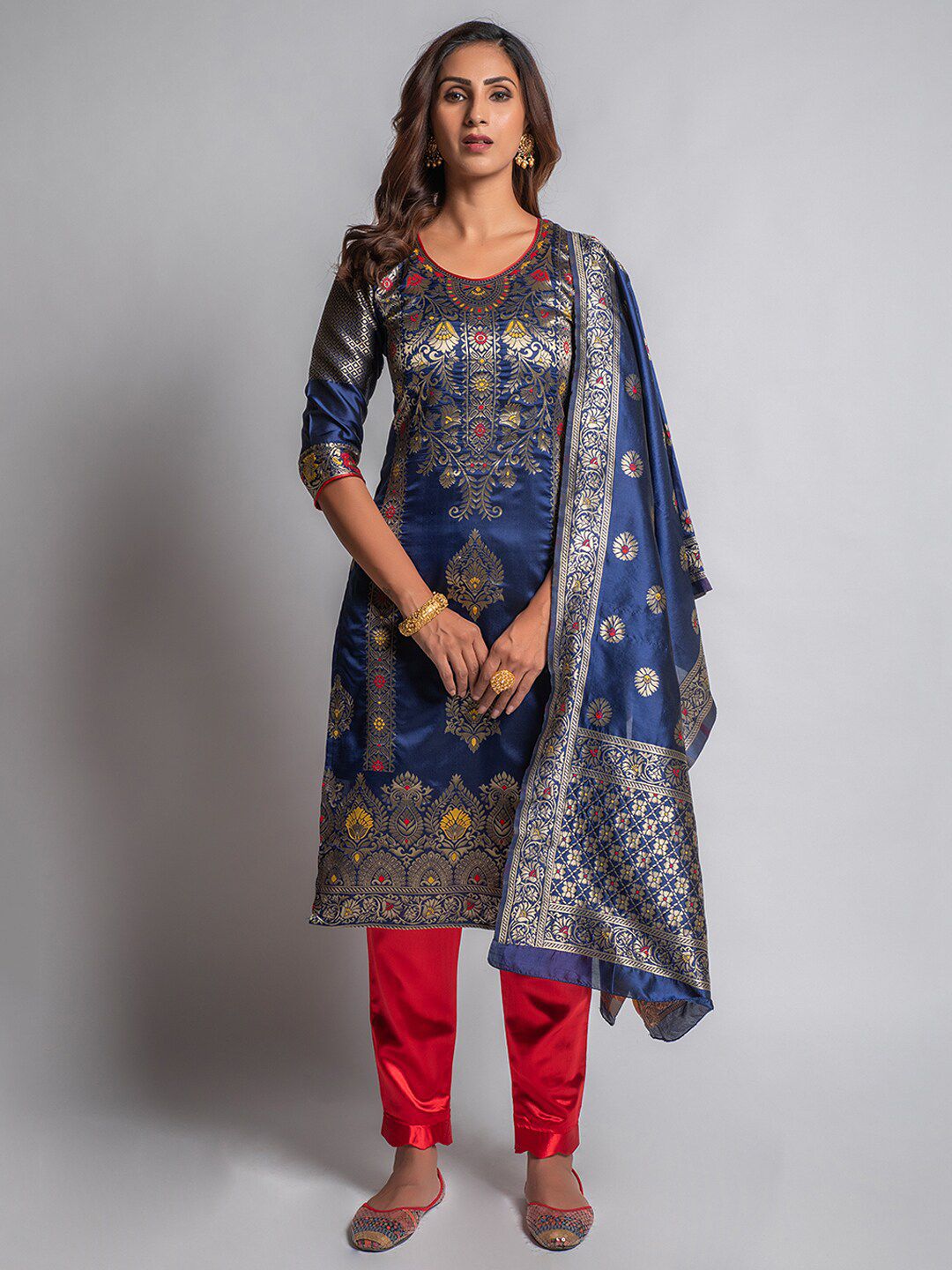 Lilots  Women Blue & Red  Unstitched Dress Material Price in India