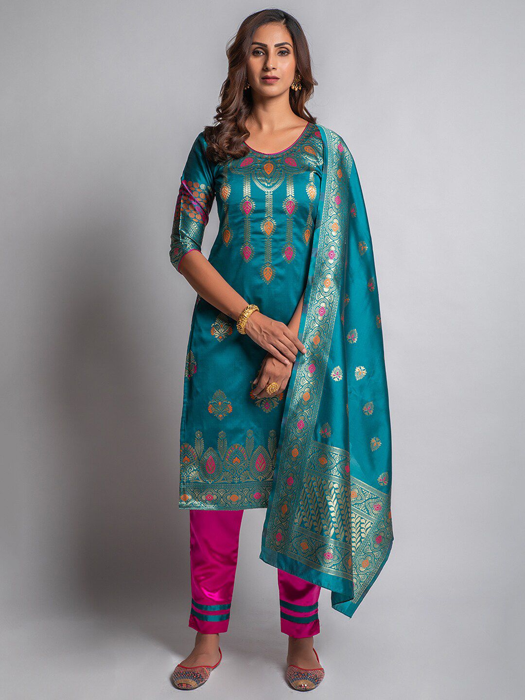 Lilots Turquoise Blue & Gold-Toned Unstitched Dress Material Price in India