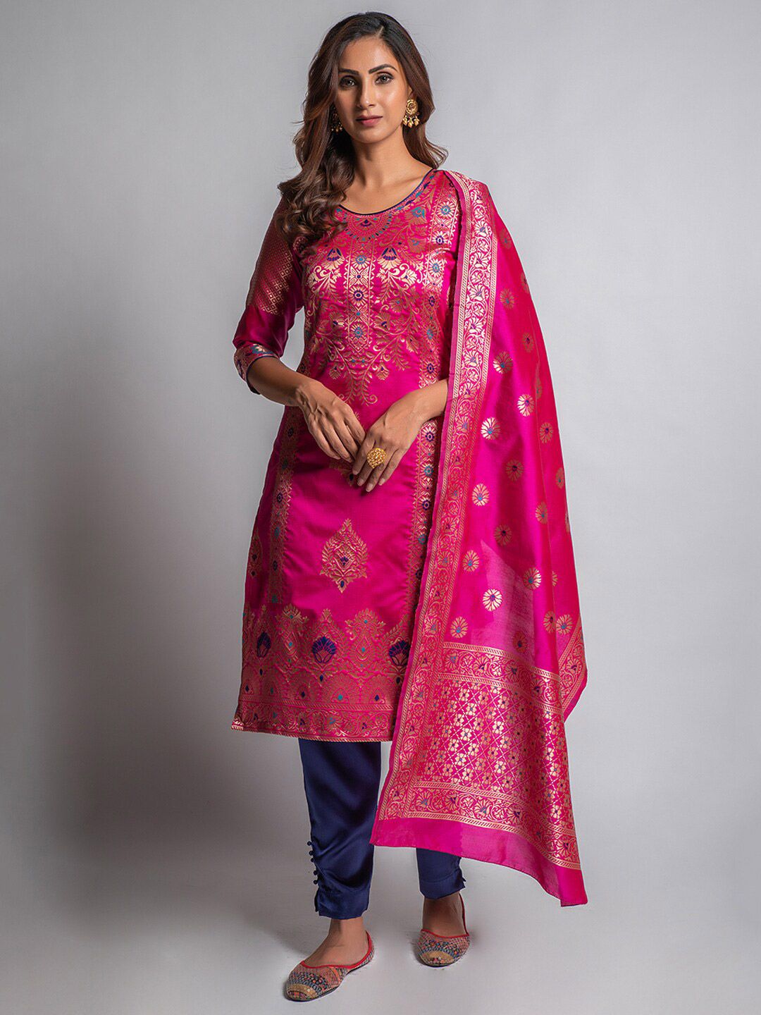Lilots Pink & Blue BanarasiSilk Jacquard Woven Unstitched Dress Material Price in India