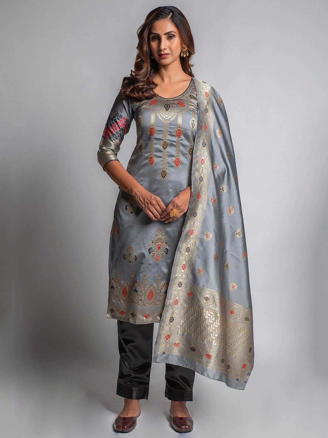 Lilots Grey & Gold-Toned Unstitched Salwar Kameez Dress Material Price in India