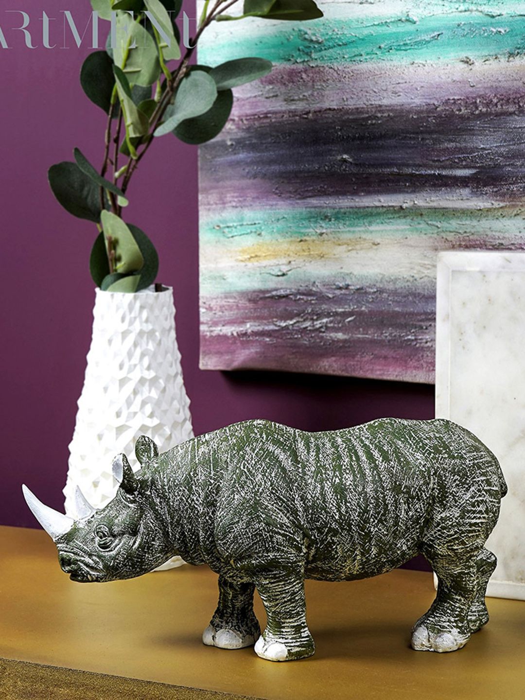 THE ARTMENT Green Textured Rhino Showpiece Price in India
