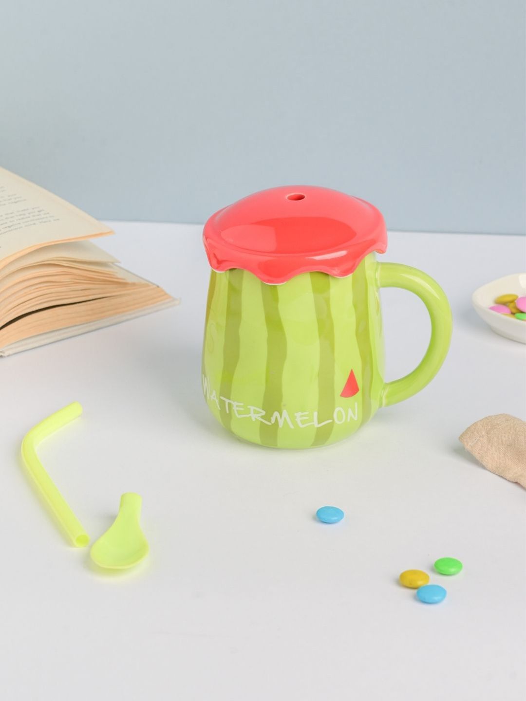 Nestasia Green and Red Ceramic Fruit Cup With Lid & Spoon Price in India