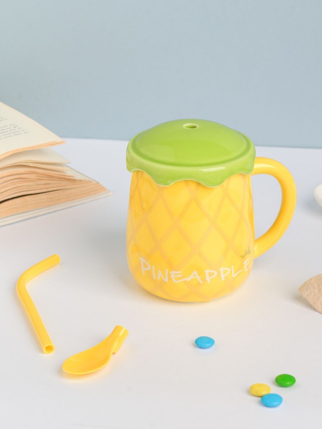 Nestasia Yellow Fruit Ceramic Cup with Lid & Spoon Price in India