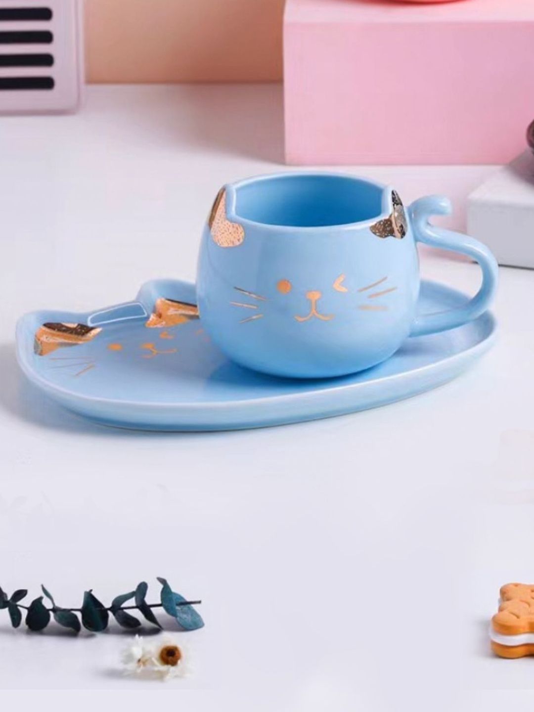 Nestasia Blue Ceramic Cat Printed Mug & Plate Price in India