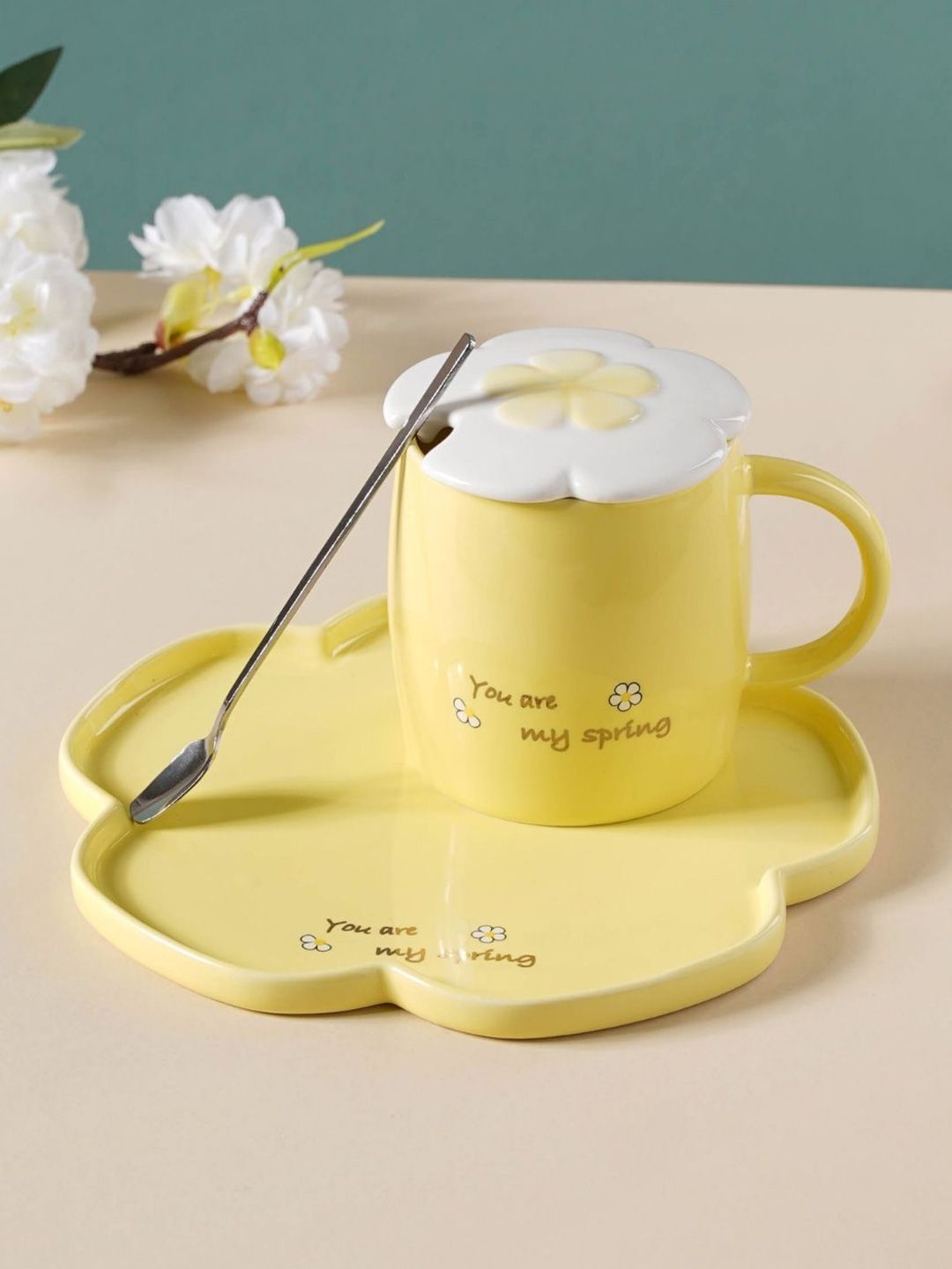 Nestasia Yellow Ceramic Cup With Flower Plate Price in India