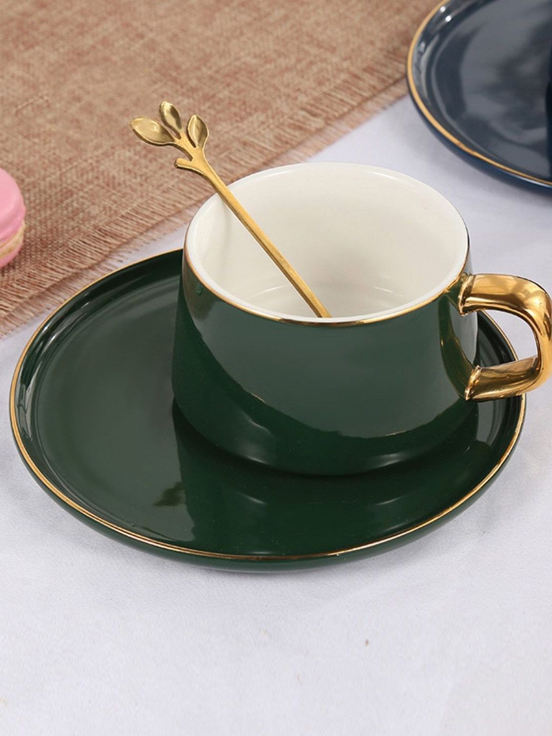 Nestasia Dark Green And Gold Toned Handle Cup & Saucer with Spoon Price in India