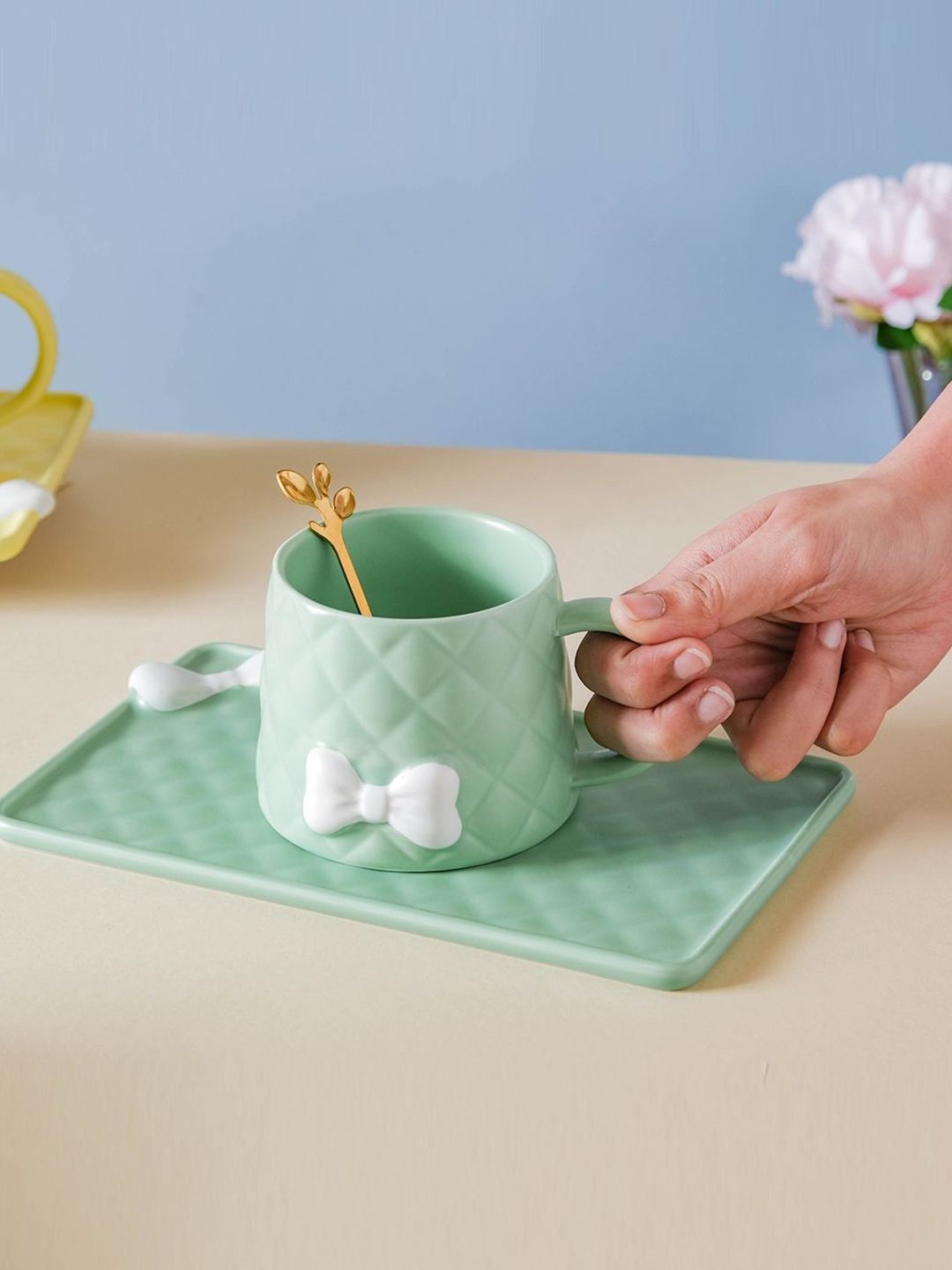 Nestasia Green Textured Ceramic Cup With Rectangular Plate & Spoon Price in India