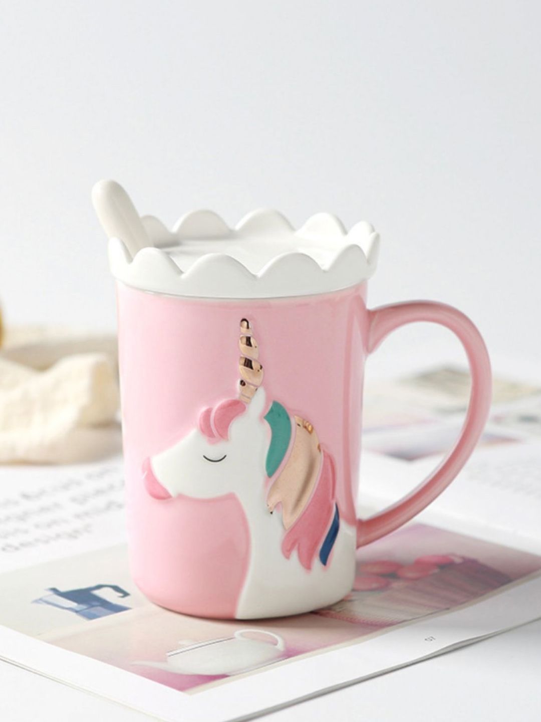 Nestasia Pink Unicorn Ceramic Cup With Lid & Spoon Price in India