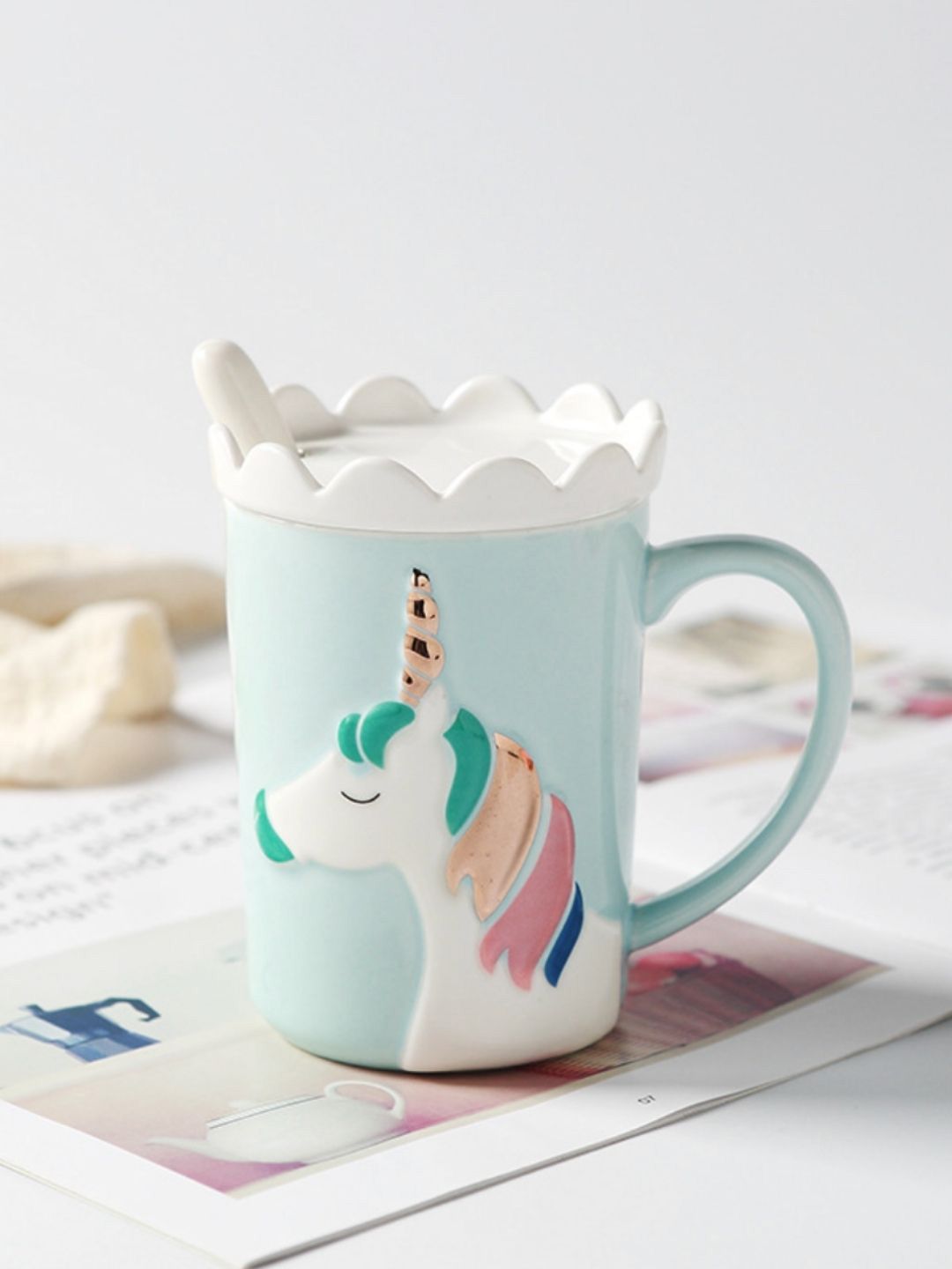 Nestasia Blue Unicorn Ceramic Cup With Lid & Spoon Price in India