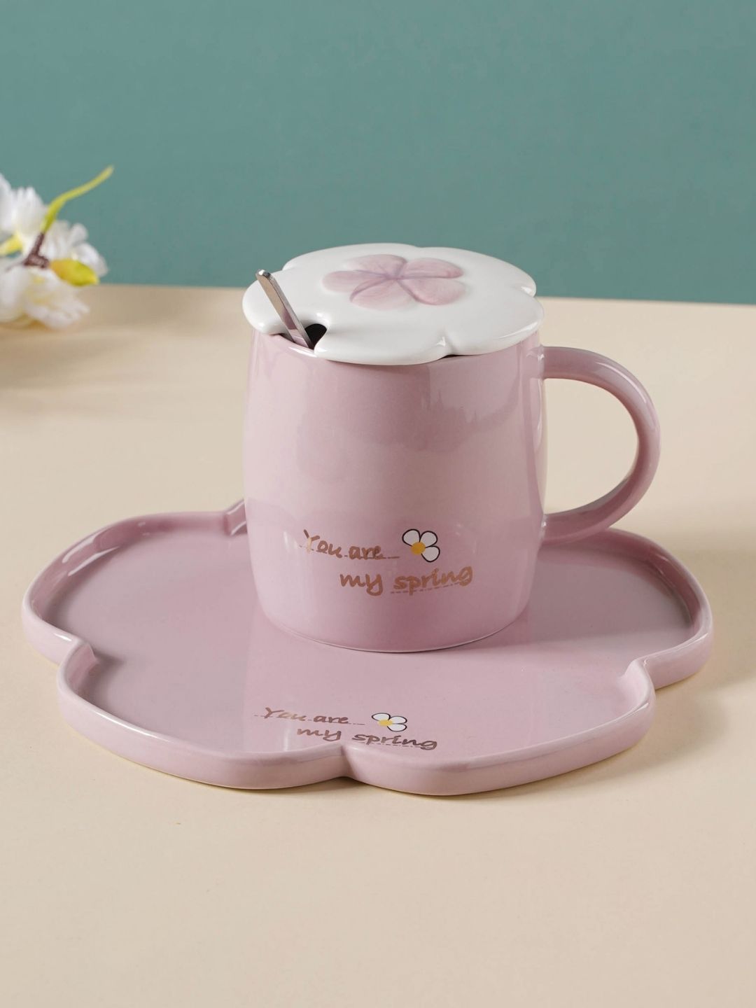 Nestasia Light Purple Printed Ceramic Glossy Cup with Flower Plate and Spoon Price in India