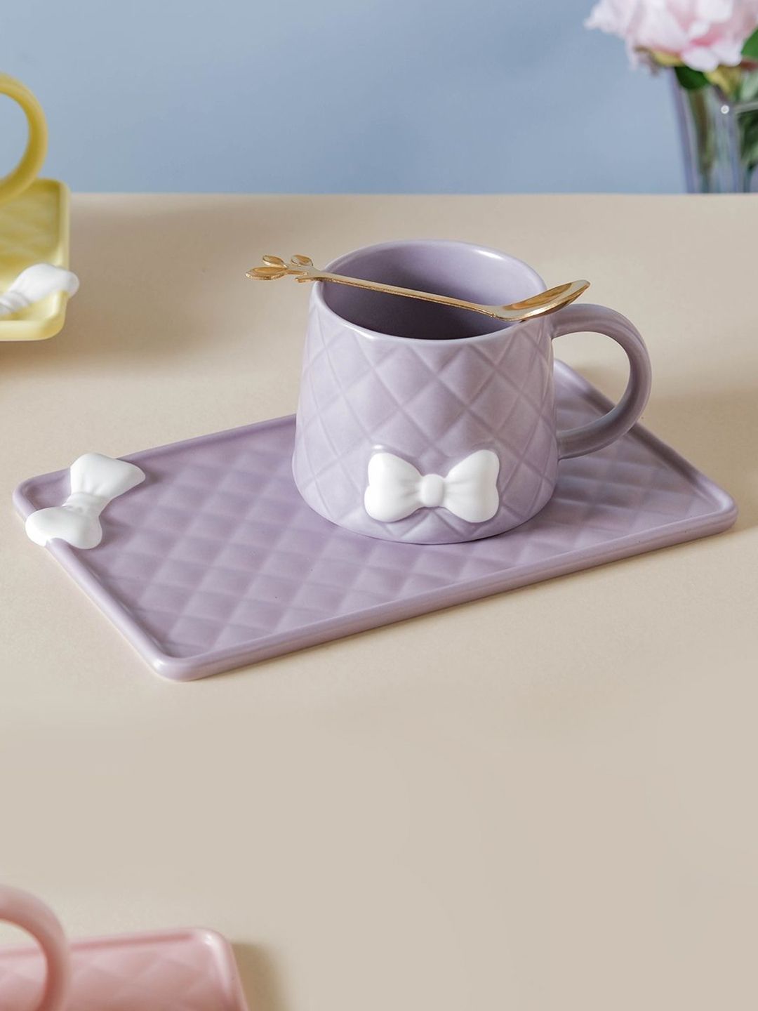 Nestasia Purple Textured Ceramic Cup With Rectangular Plate & Spoon Price in India