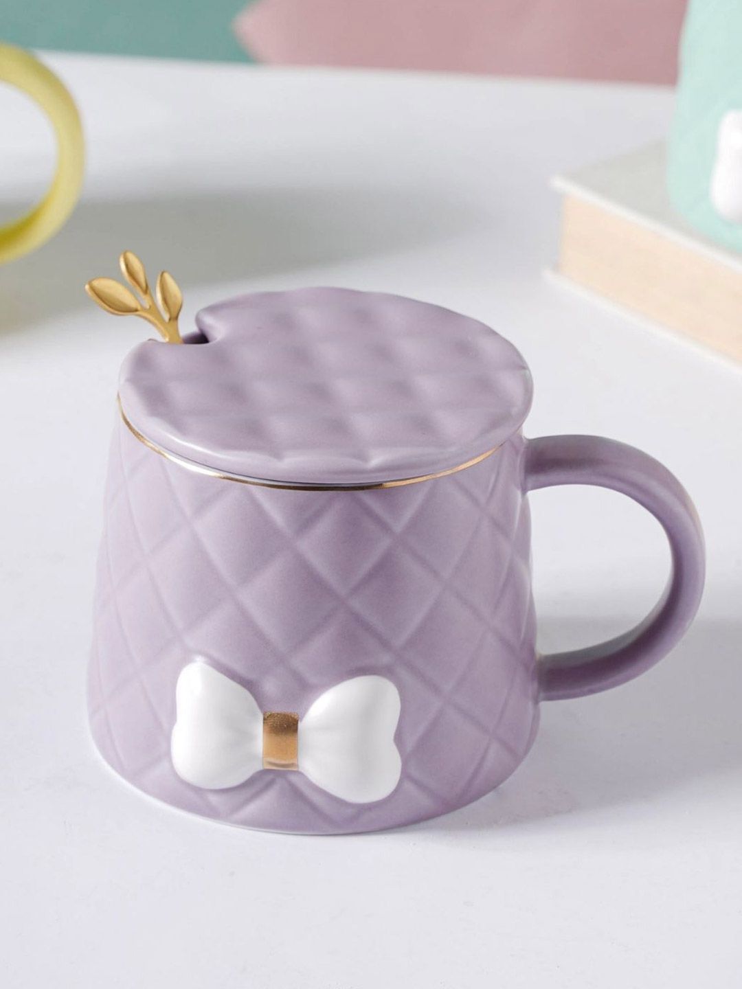 Nestasia Purple & White Textured Ceramic Cup with Lid & Spoon Price in India