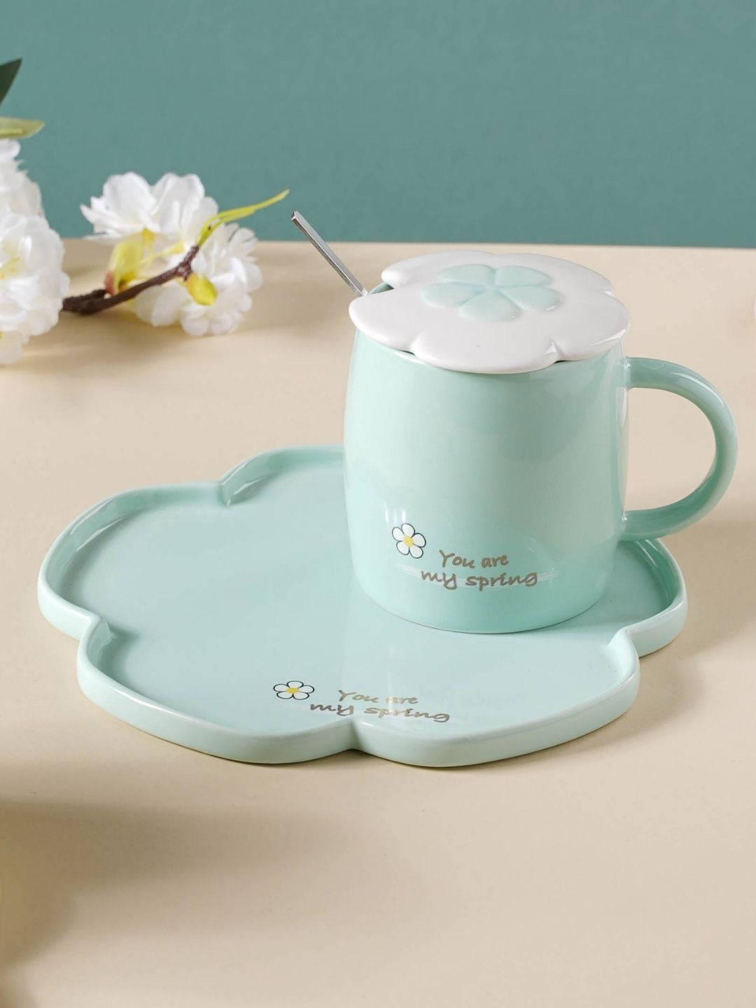 Nestasia Sea Green Printed Cup With Flower Plate & Spoon Price in India