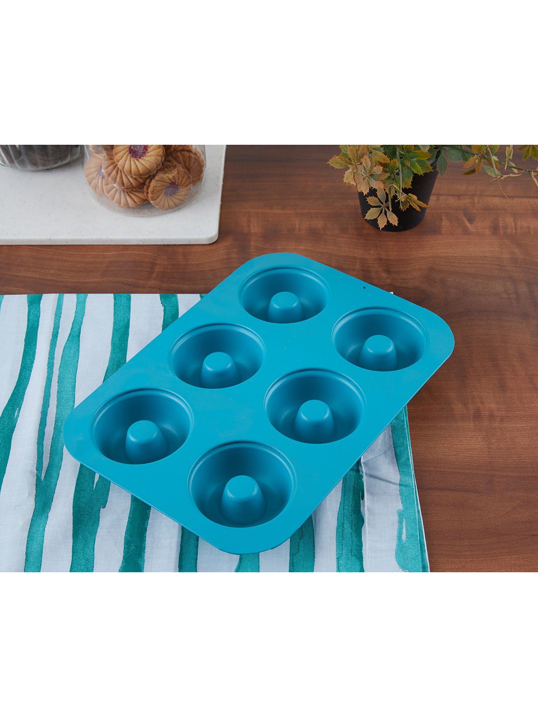 HomeTown Teal Blue Solid Aluminium 6 Cavity Donuts Baking Tray Price in India