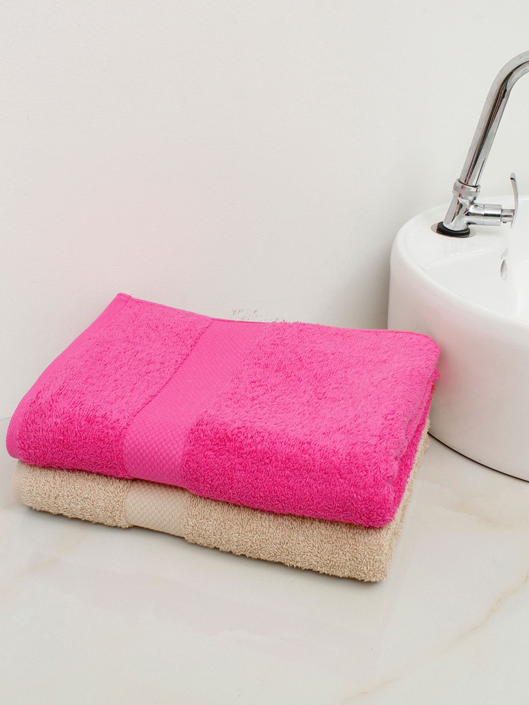 AVI Living Set Of 2 Pink & Beige Solid 500 GSM Pure Cotton Hand Towels Price in India