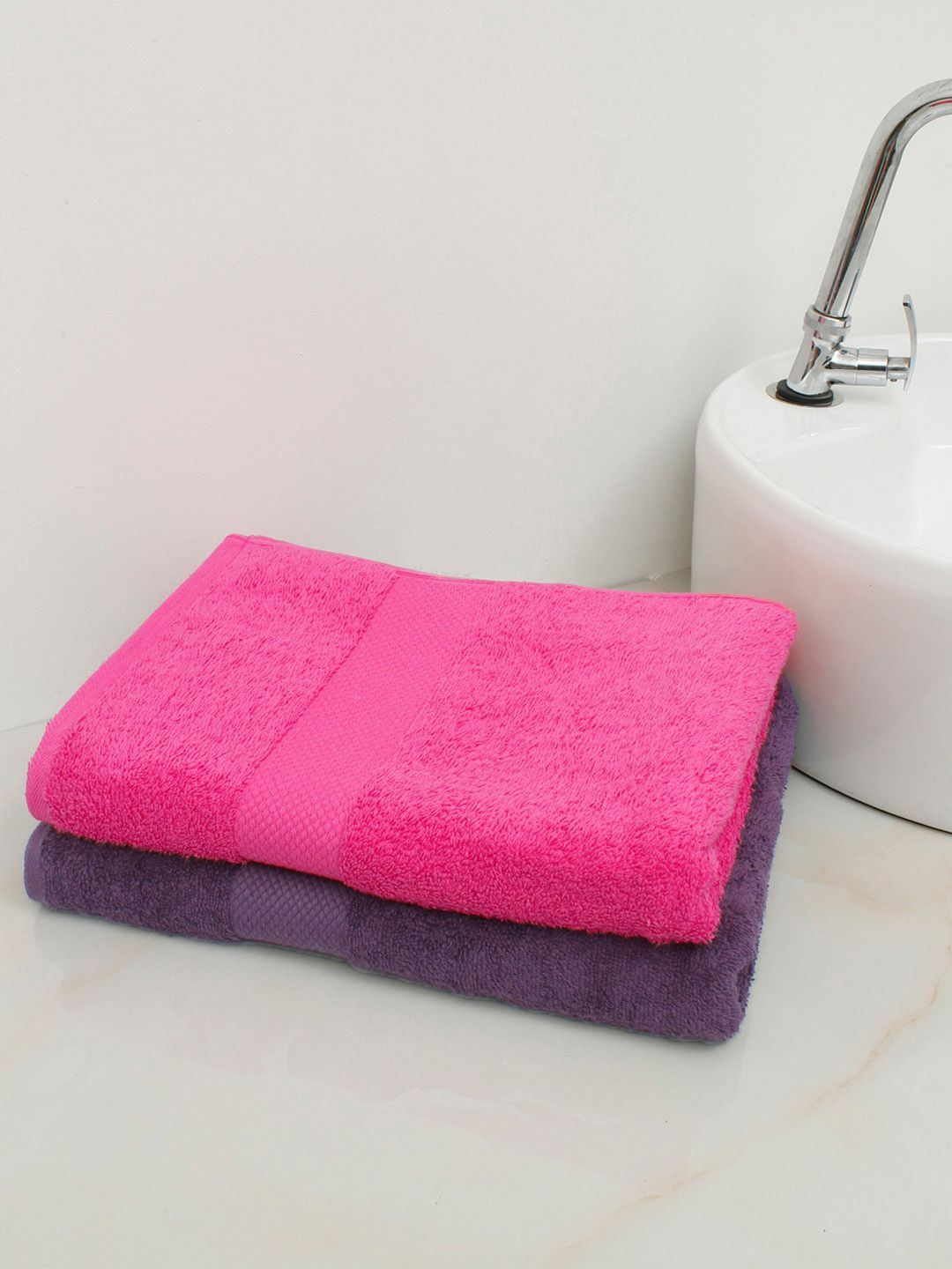 AVI Living Set Of 2 Pink & Purple Solid 500 GSM Pure Cotton Bath Towel Price in India
