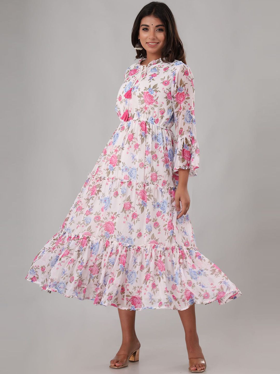 FASHION DWAR White & Pink Floral Tie-Up Neck Georgette Midi Dress Price in India