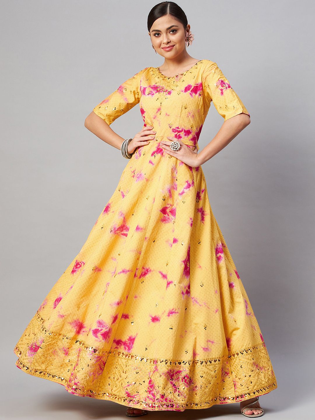 SHUBHKALA Yellow Embroidered Semi-Stitched Dress Material Price in India