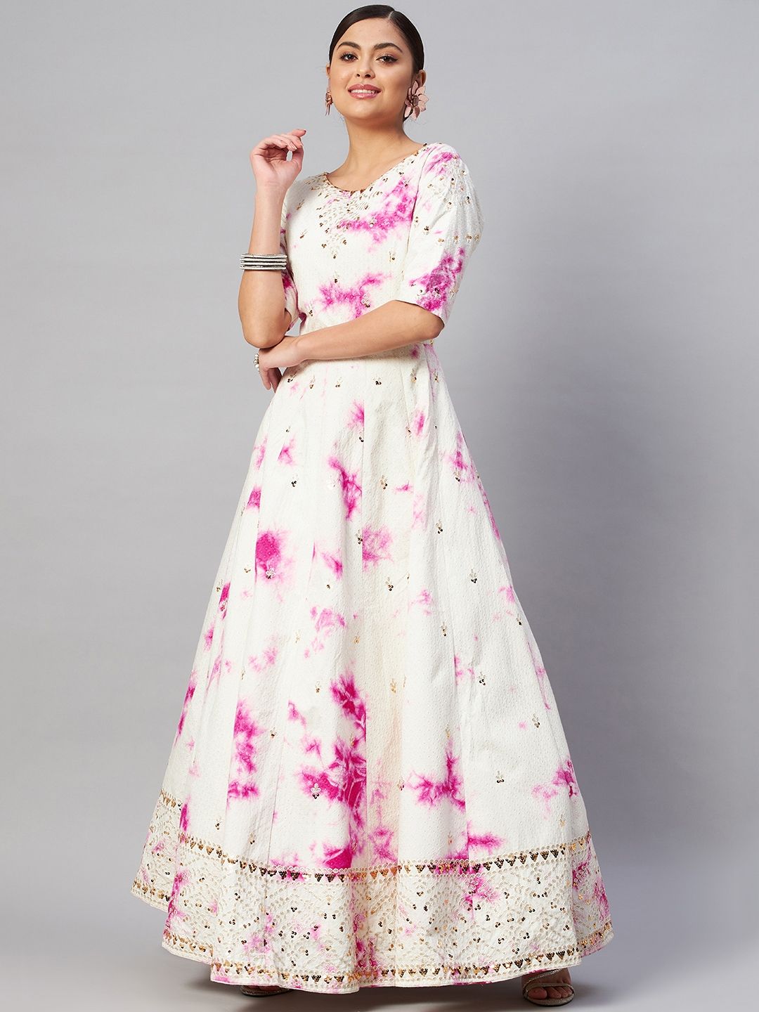 SHUBHKALA White & Pink Embroidered Semi-Stitched Dress Material Price in India