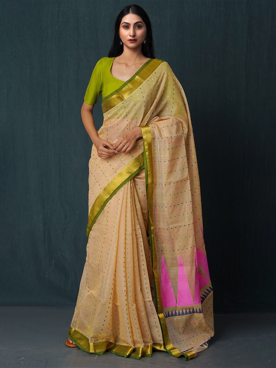 Unnati Silks Brown & Gold-Toned Woven Design Silk Cotton Jamdani Saree Price in India