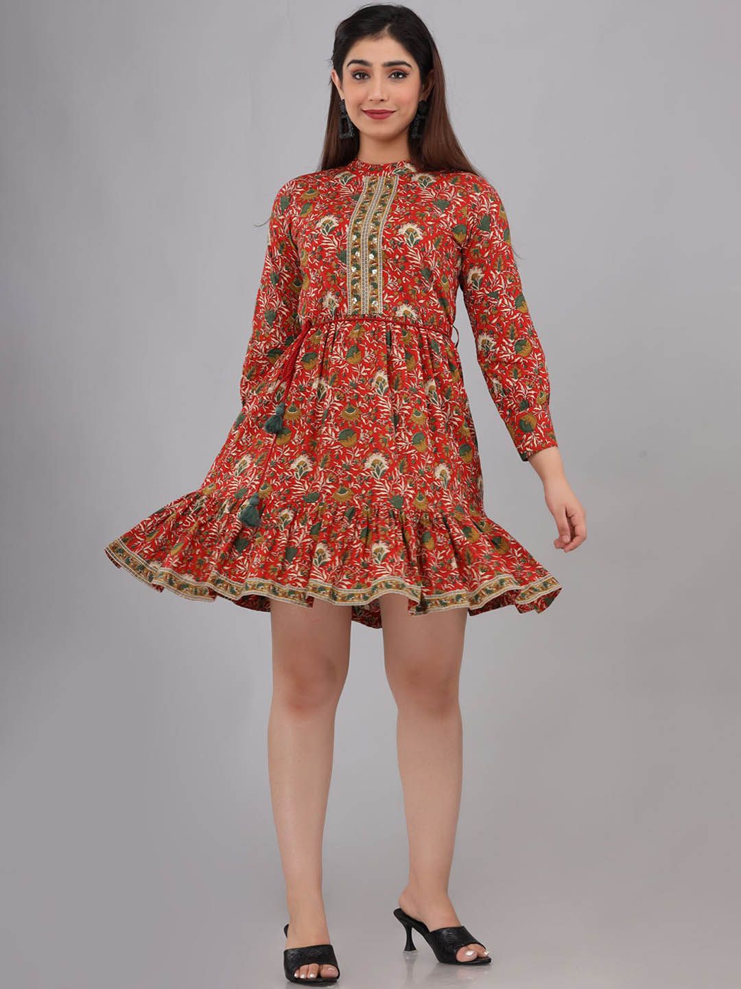 FASHION DWAR Red & Green Floral Fit & Flare Dress Price in India