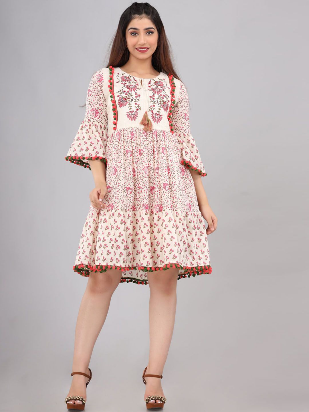 FASHION DWAR Off White & Pink Floral Tie-Up Neck Dress Price in India