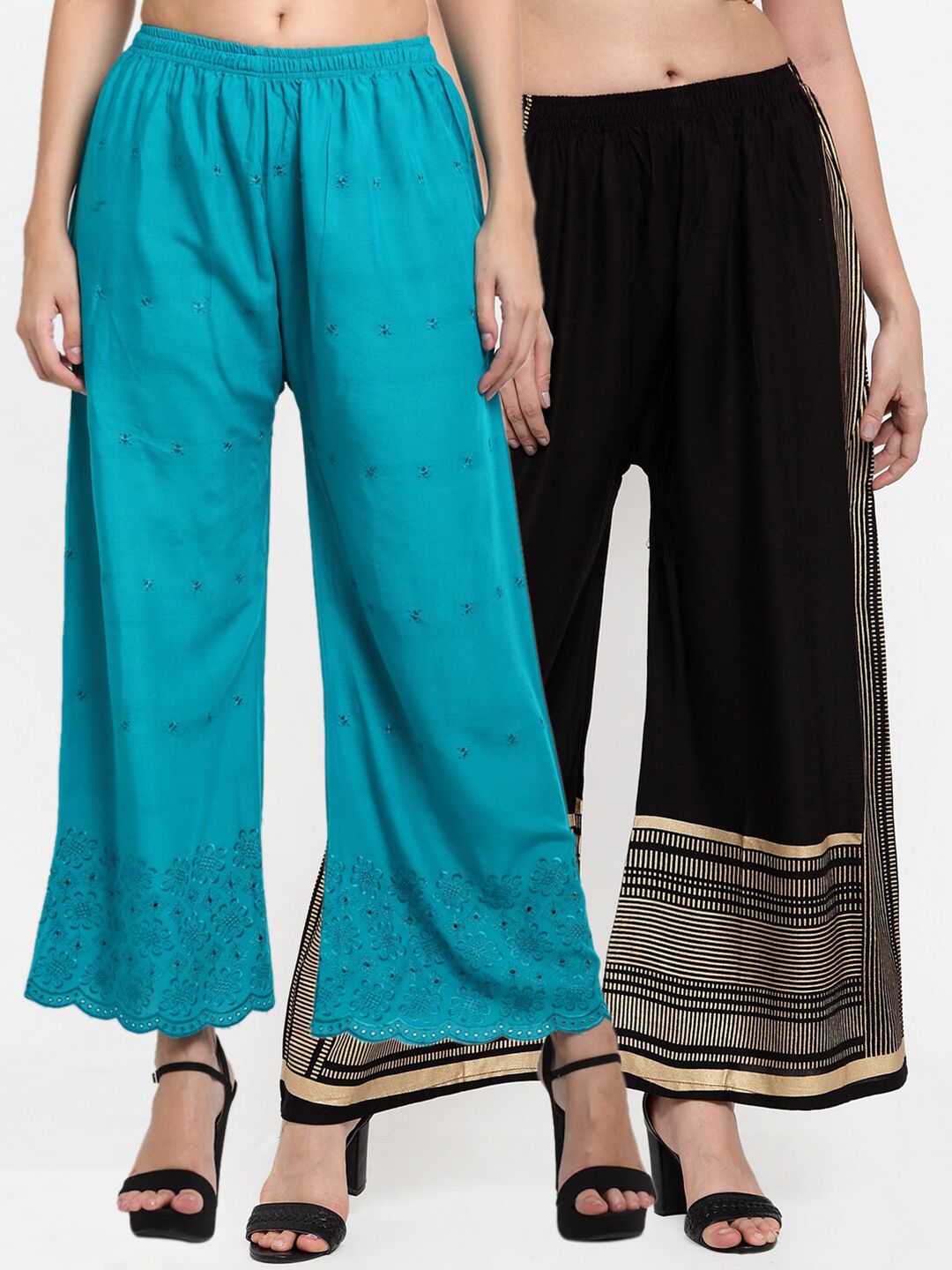 Miaz Lifestyle Women Turquoise Blue & Black 2 Ethnic Motifs Hem Design Flared Ethnic Palazzos Price in India