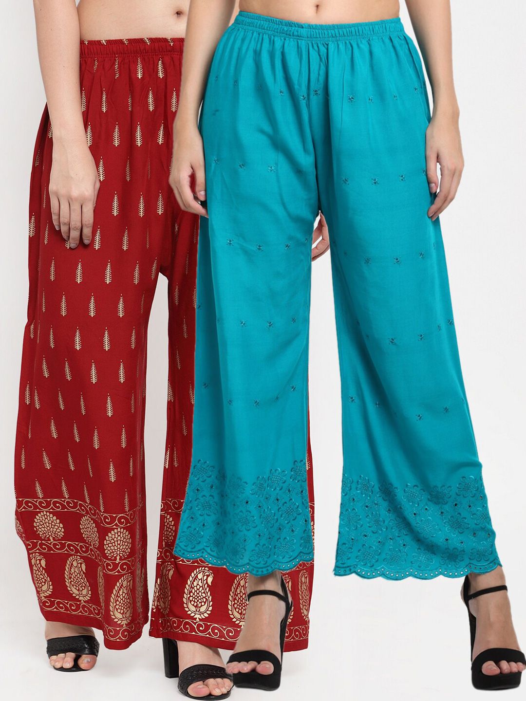 Miaz Lifestyle Women Blue & Maroon 2 Flared Knitted Ethnic Palazzos Price in India