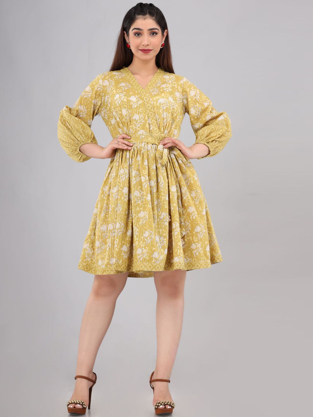 FASHION DWAR Women Yellow & White Ethnic Cotton Dress Price in India