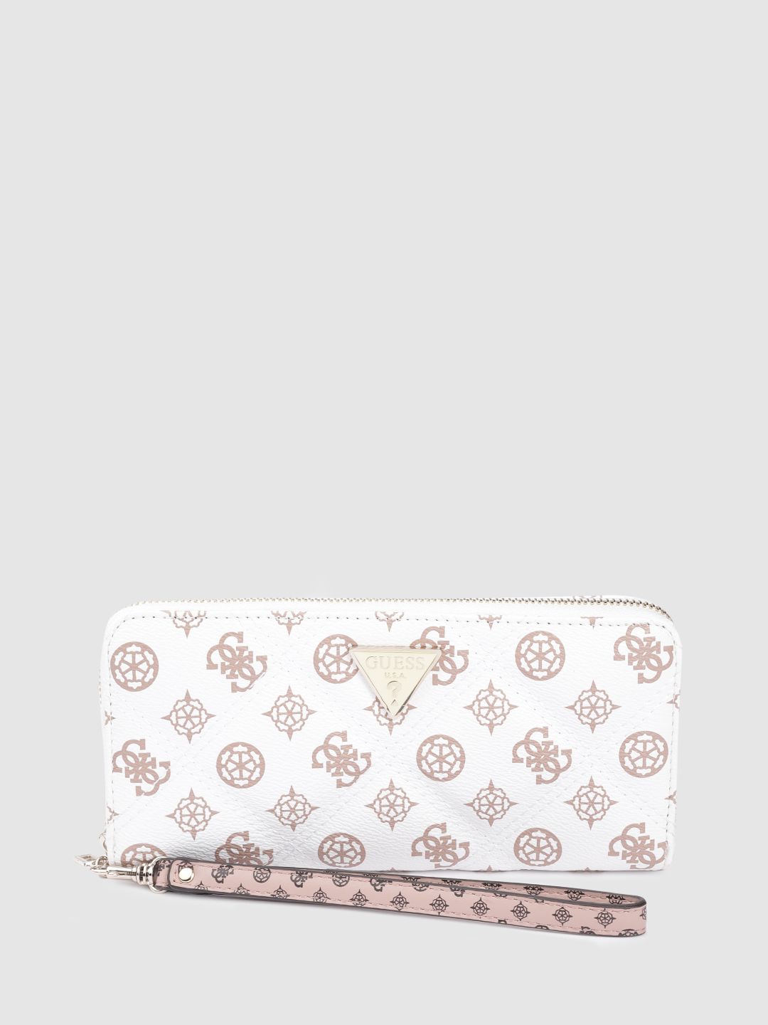 GUESS Women White & Brown Brand Logo Print Zip Around Cessily Wallet with Wrist Loop Price in India