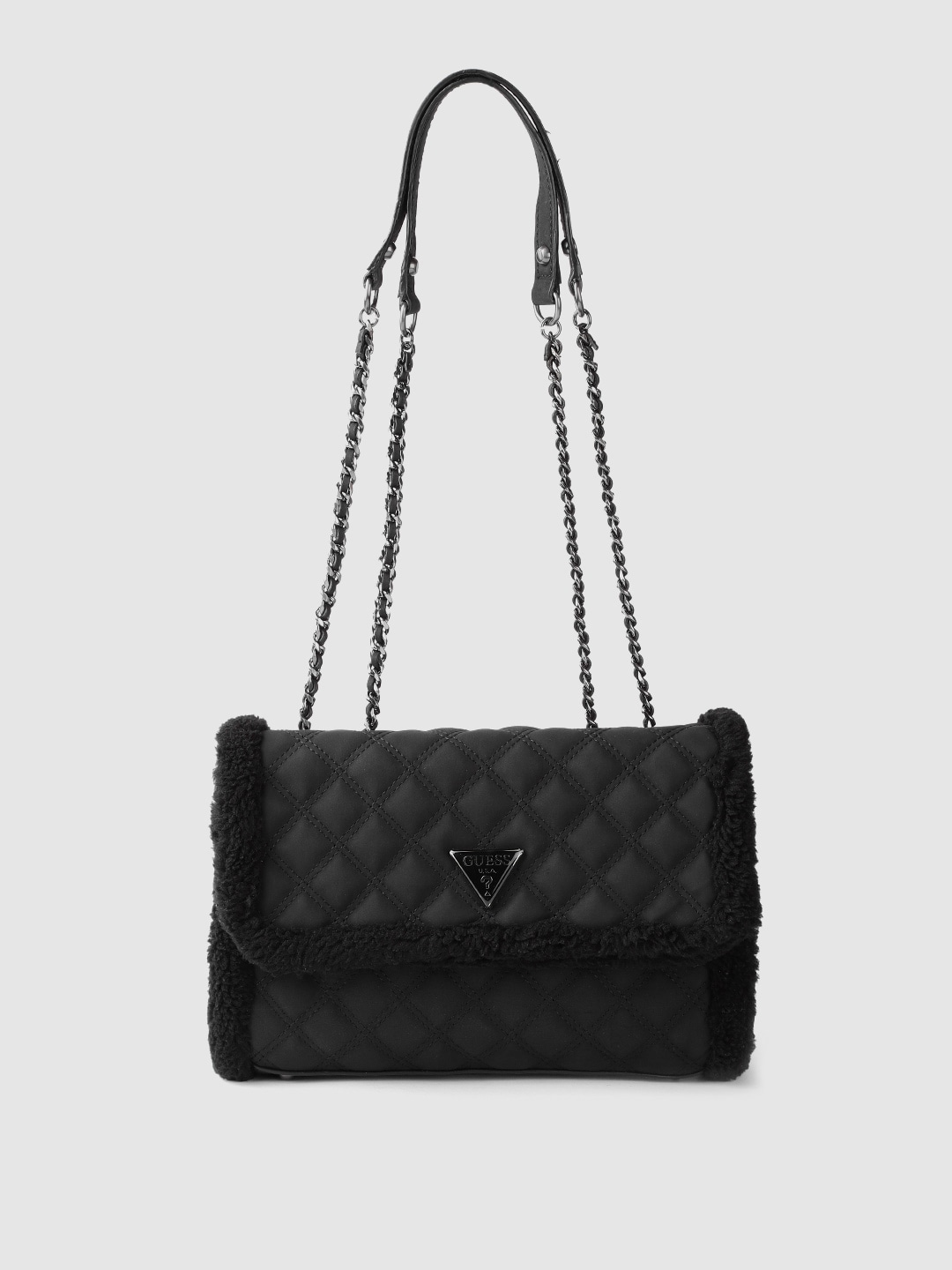 GUESS Women Black Solid Quilted Structured Sling Bag Price in India