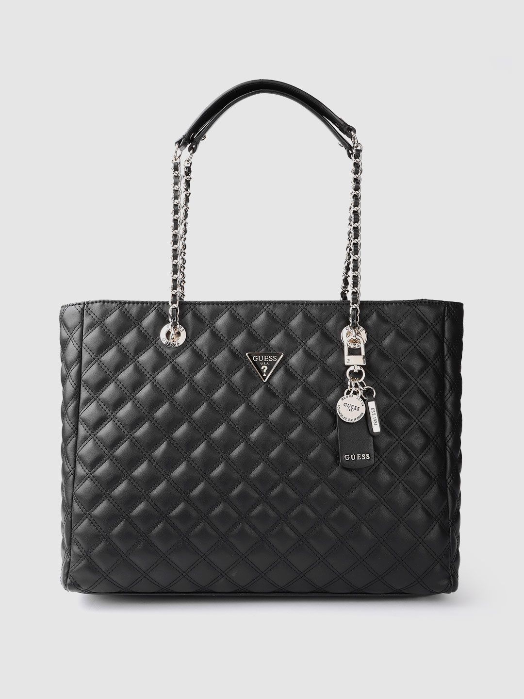 GUESS Women Black Solid Quilted Structured Handheld Bag Price in India