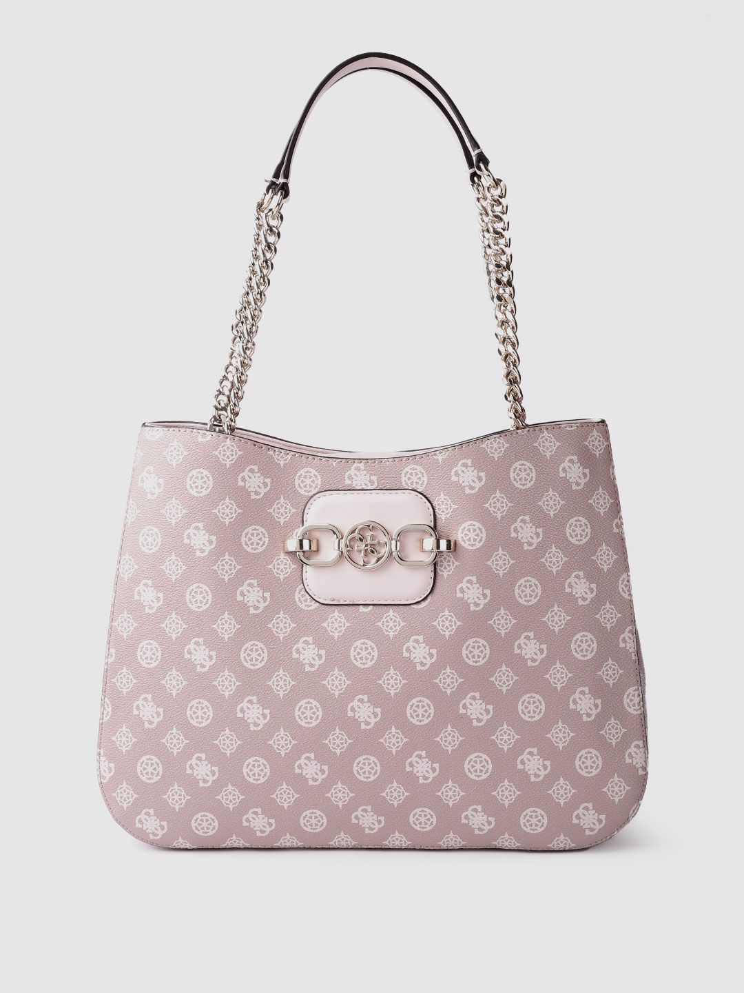 GUESS Women Dusty Pink & White Brand Logo Print Structured Shoulder Bag Price in India