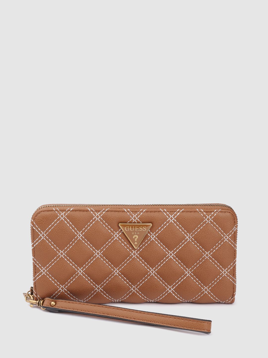 GUESS Women Tan Brown Solid Quilted Zip Around Cessily Wallet with Wrist Loop Price in India