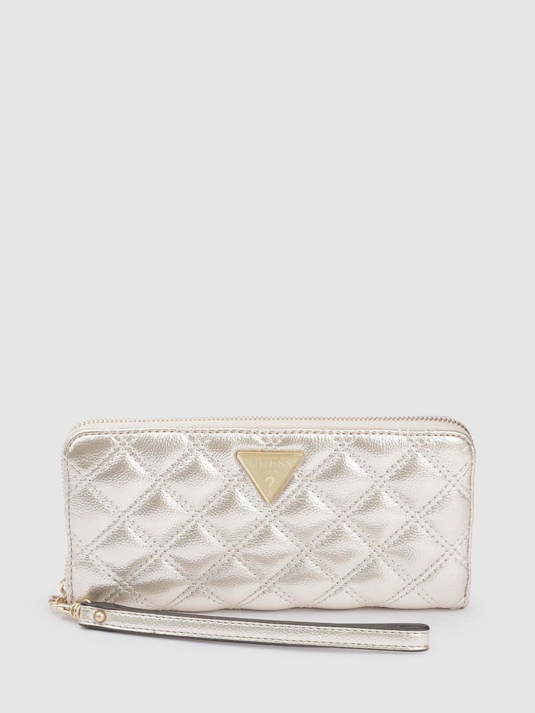 GUESS Women Gold-Toned Solid Quilted Zip Around Cessily Wallet with Wrist Loop Price in India