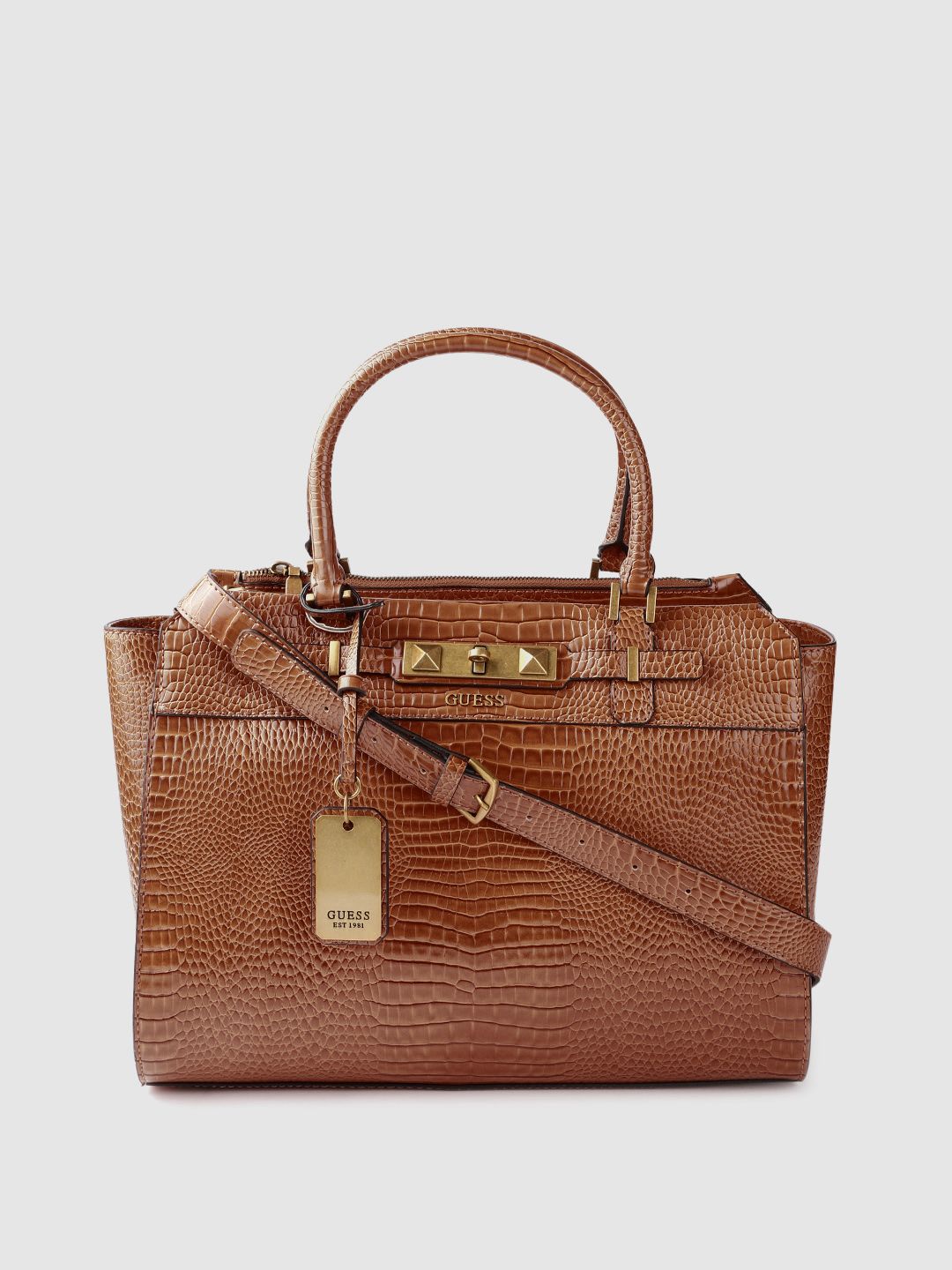 GUESS Brown Croc Textured Handheld Bag with Tab & Detachable Sling Strap Price in India